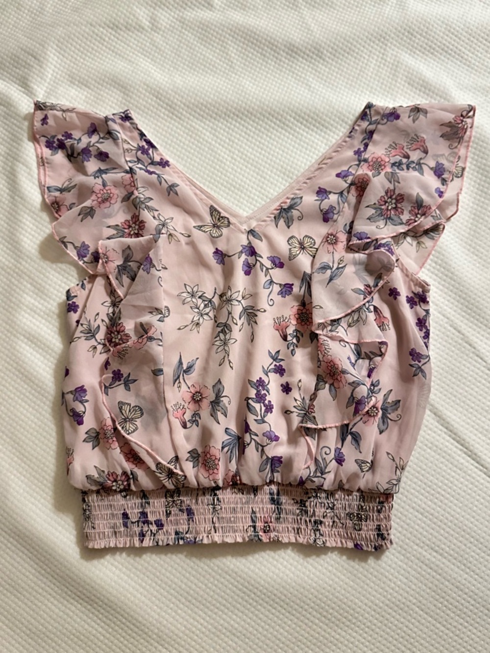 Cottagecore Pink Floral Ruffle V-Neck Crop Top
